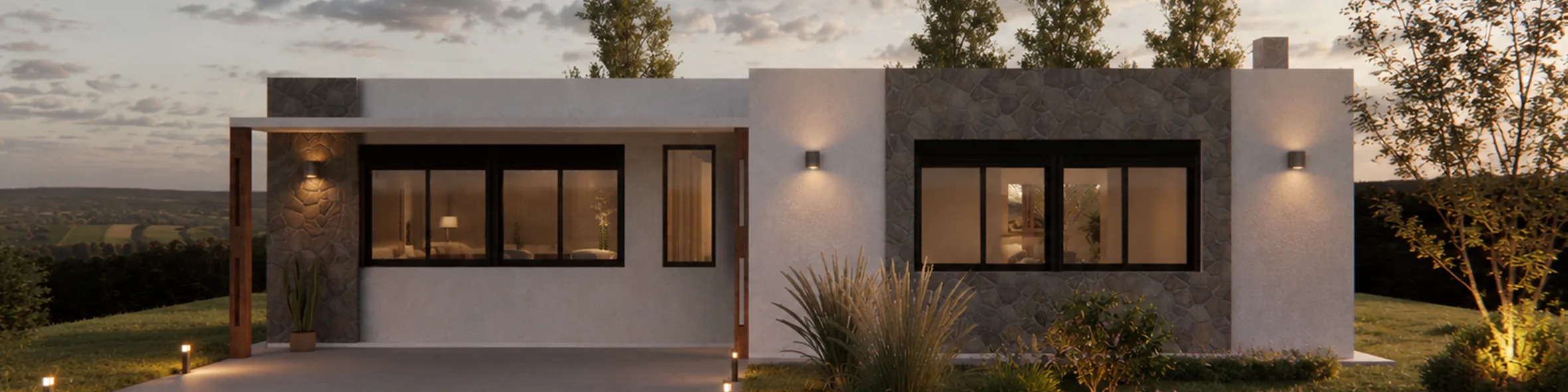 Render de fachada de vivienda unifamiliar iluminada al anochecer – proyecto residencial