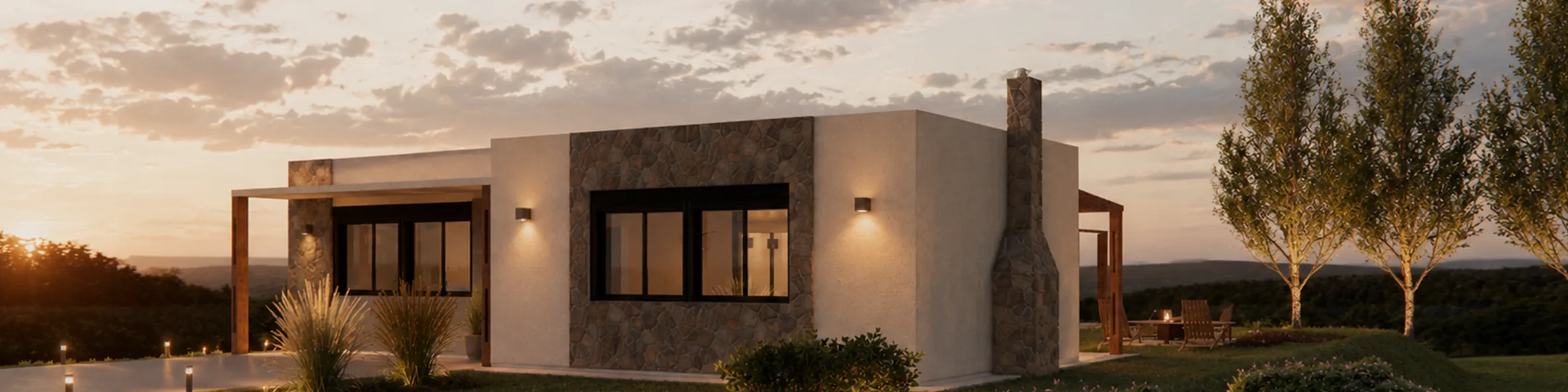Render de vivienda unifamiliar al atardecer – proyecto residencial