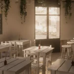 Render de restaurante con mesas de madera y plantas colgantes – proyecto comercial