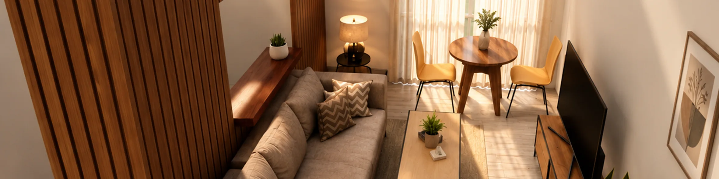 Render de living con sofá, panel de madera y comedor – proyecto residencial
